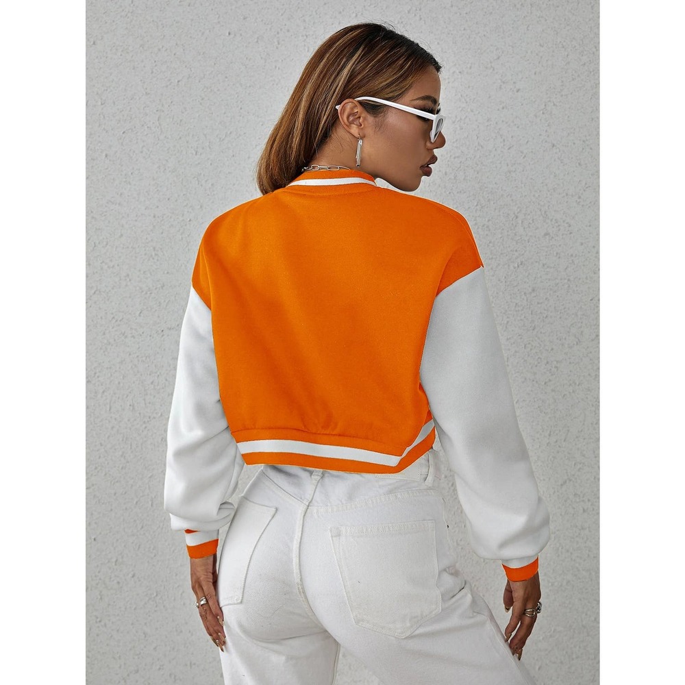 Drop Shoulder Two Tone Crop Bomber Jacket preppy black white - Picture 9 of 11